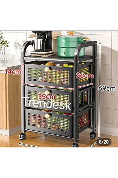 TRENDESK 3 Katlı Metal Siyah Çekmeceli Tekerlekli patates soğan sepeti sebze ...