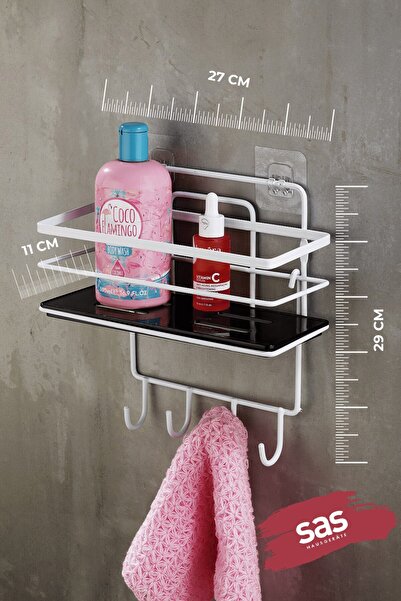 Sas Haus رف دش للحمام قابل للتعديل مع 4 خطافات - حامل شامبو كريستالي مقاوم للصدأ (لصق/براغي) أبيض-أسود