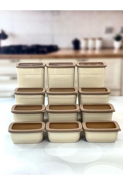 VİP AHMET Beige Beach Rectangular Storage Container - Set of 12
