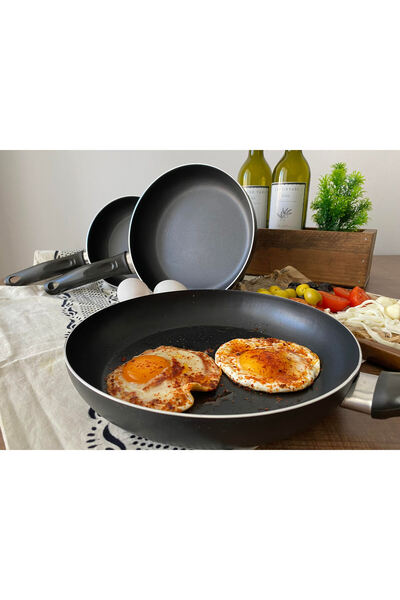 GURKAN Teflon Tava Seti 18+22+26 Cm Siyah Renk Teflon Tava Seti Yanmaz Yapışm...