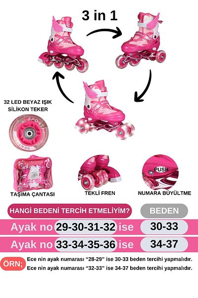 Toyaş Adjustable Children's Roller Skates with Four Wheels and Illuminated Wings, with Carrying Bag