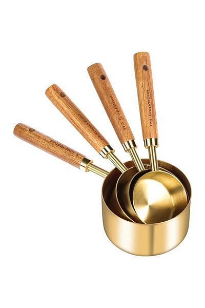 EZERE 8pcs Wooden Handle Dry and Liquid Stainless Steel Measuring Cup