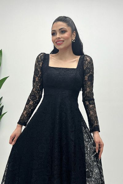 giyimmasalı Full Lace Fabric Square Collar Midi Evening Dress - Black
