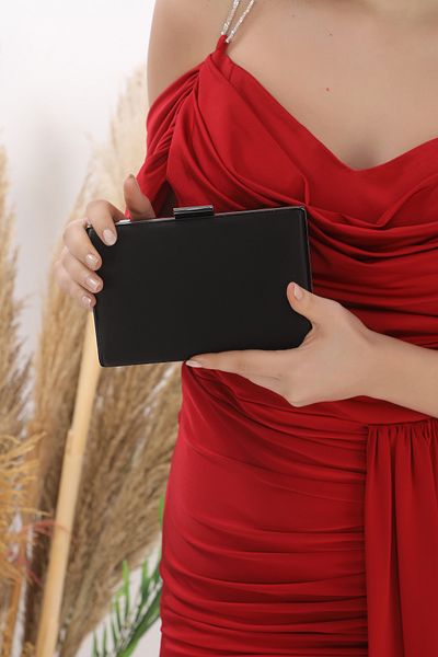 womenacs Rochie de seară din țesătură satinată de culoare neagră Geantă pentru femei pentru mână și curea lungă (curea cu lanț)