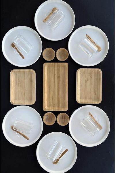 Bambum Atabeyhome Kira 25 Piece Ceramic Bamboo Breakfast Set Luxury Breakfast Set