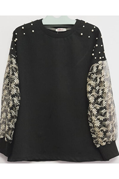 rose moda Kadın Bisiklet Yaka Bluz Omuzu Inçili Ve Kolları Danteli Rens Siyah