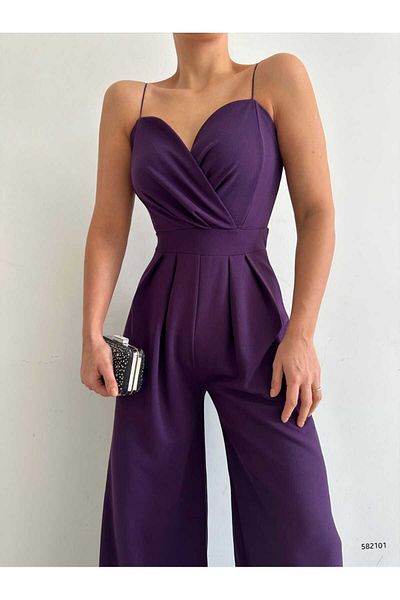 rengamoda Rochie salopetă cu picior largi din material crepon importat cu bretele