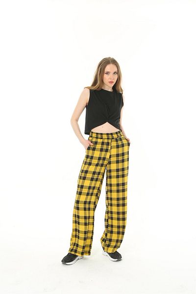 MAMAYAGA Women's Woven Viscose Checkerboard Patterned Large Size Slouch Pants with Pockets and Elastic Waist
