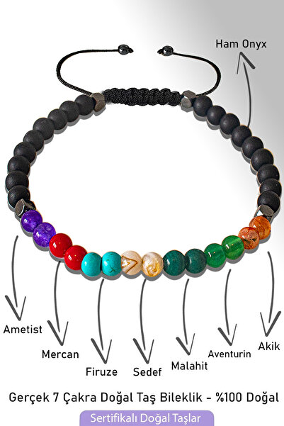Tesbih Atölyesi Sertifikalı Oniks 7 Çakra Doğal Taş Bileklik - Ametist,Mercan...