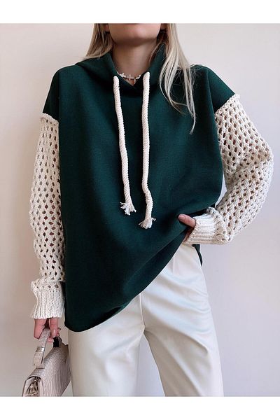 MAMAYAGA Tricotaj cu mâneci pentru damă Hanorac oversize cu design curbat verde smarald