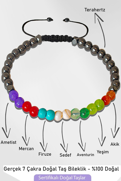 Tesbih Atölyesi Certified Terahertz 7 Chakra Natural Stone Bracelet Amethyst,...
