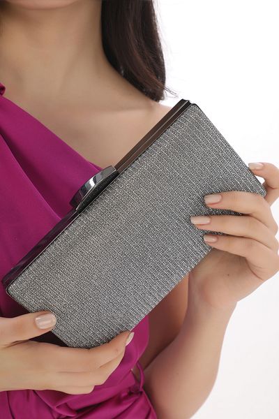 womenacs Βραδινό φόρεμα χαρτοφυλάκιο από υλικό Platinum Color Chest Clutch Γυναικεία τσάντα χειρός και μακρύ λουράκι