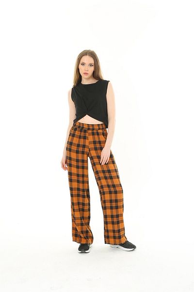 MAMAYAGA Women's Woven Viscose Checkerboard Patterned Large Size Slouch Pants with Pockets and Elastic Waist