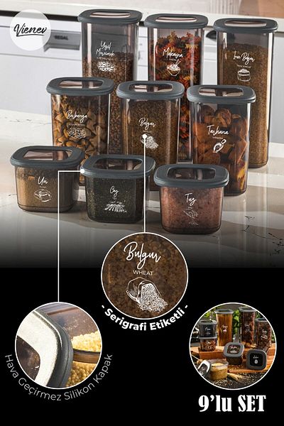 Vienev Square Food Storage Container with White Screen Printing Label Set of 9 3x (0.55 LITERS, 1.2 LITERS, 1.75 LITERS)