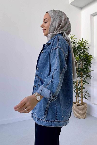 Ka Hijab Double Pocket Jewelled Denim Hijab Jacket - Blue