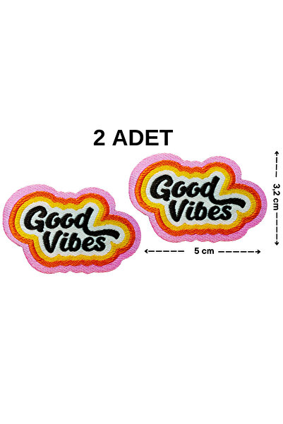 Megas Etiket Ütü ile Yapışan "Good Vibes" Yazılı/Mottolu Dokuma Arma/Yama