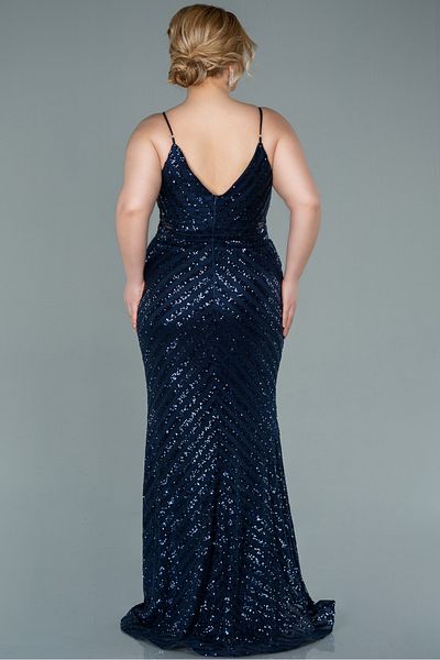 Abiyefon Long Navy Blue Sequined Rope Strap Plus Size Evening Dress Abu1661