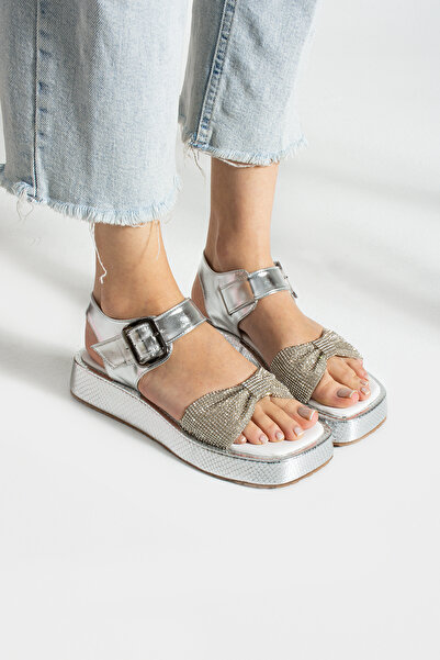 La Limar Silver Stone Detailed Flat Sole Sandals 1288