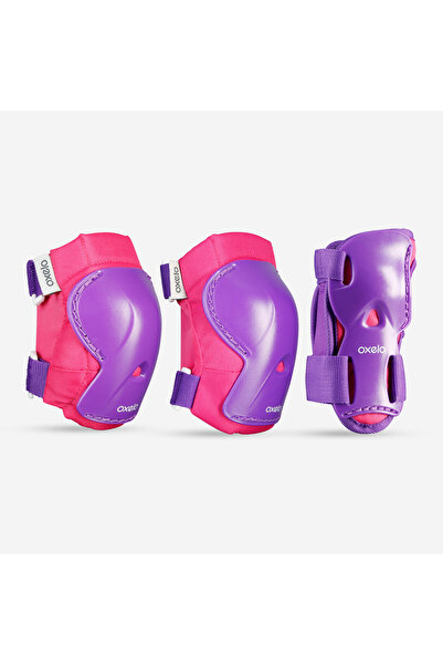 Decathlon مجموعة دعم سكوتر التزلج على الجليد للأطفال من Oxelo، وسادة الركبة، وسادة الكوع، سوار المعصم، اللعب الوردي