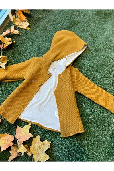 Aziz Bebe Knitwear Hooded Buttoned Cardigan Combed Cotton Inside