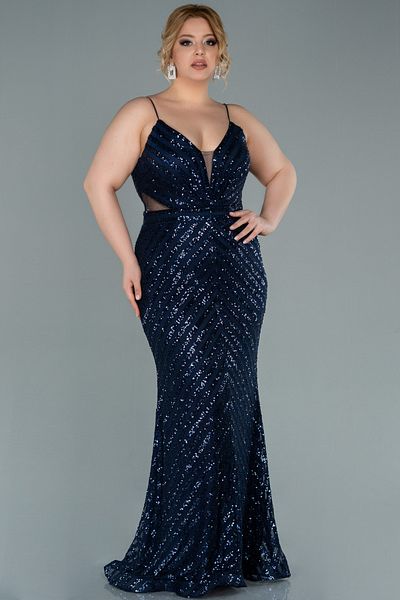 Abiyefon Long Navy Blue Sequined Rope Strap Plus Size Evening Dress Abu1661