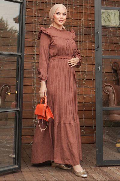 Bestenur Frilly Pleated Dress 777 - Brown