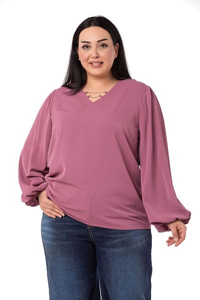 DISENTIS MODEST Plus Size Dried Rose Blouse with Chain Detail on Collar and Elastic Sleeves