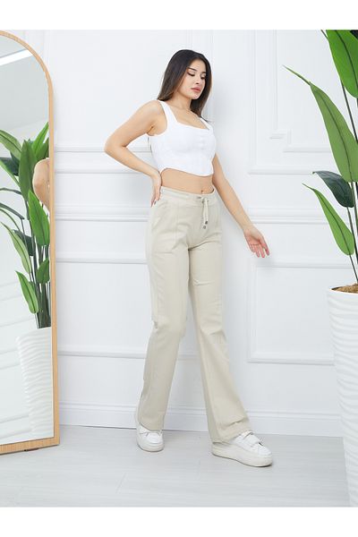 Banadamoda Women's Finished Fabric Front Stitched Wide Leg Trousers