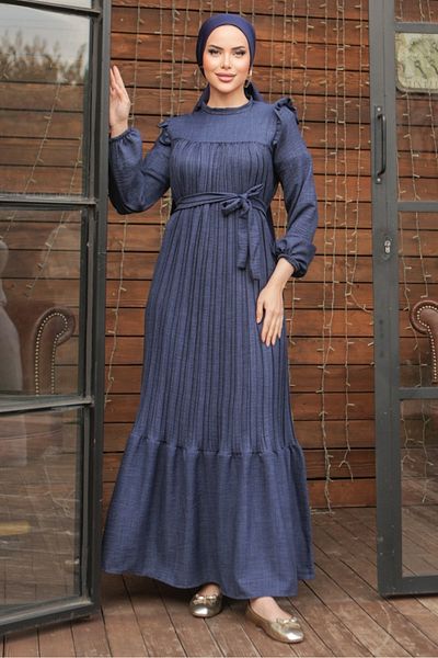 Bestenur Frilly Pleated Dress 777 - Navy Blue