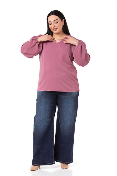 DISENTIS MODEST Plus Size Dried Rose Blouse with Chain Detail on Collar and Elastic Sleeves