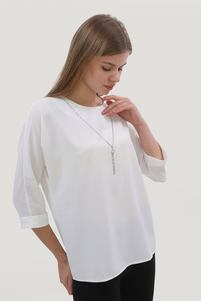 MAG FASHİON Blouse Bat Sleeve Round Collar-removable Necklace Detail