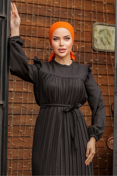 Bestenur Frilly Pleated Dress 777 - Black
