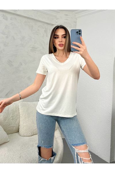 modavingo WOMEN'S ECRU V-NECK SLIT BLUZ