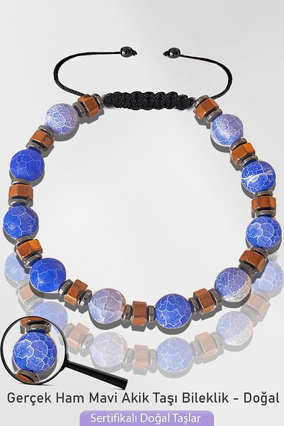 Tesbih Atölyesi Certified Silver Natural Blue Agate Stone Bracelet with Hematite - Adjustable