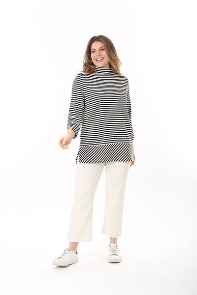 Şans Women's Large Size Black Stand Collar Side Slit Glitter Striped Tunic 65N37523
