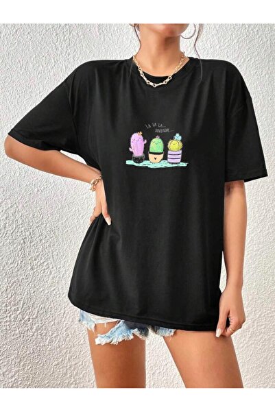 khufu Tricou oversize cu imprimeu cactus negru