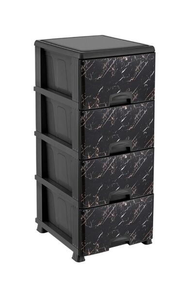 abnturk Ultra Lüks Siyah Mermer Desenli 4 Çekmeceli Komidin 1.Kalite Plastikt...