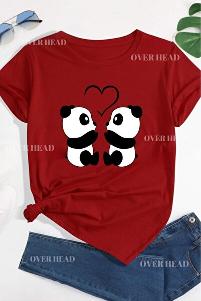 over head oh Tricou supradimensionat cu imprimeu panda cu inimă dublă Burgund...