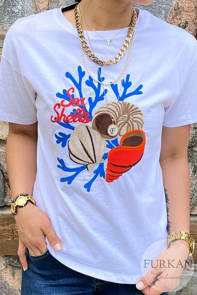 FEMELLE Tricou alb din bumbac cu broderie scoici de damă
