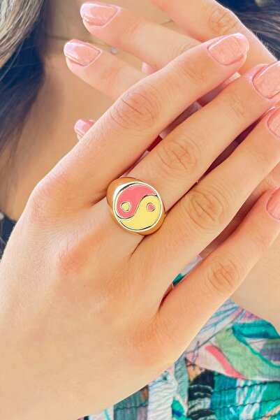 Pembe-sarı Mineli Yin Yang Yüzük- Altın Kaplama, Ayarlanabilir