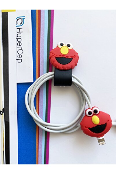 WANNA PROTECT Dayanıklı Figürlü Sevimli Şarj Kablo Düzenleyici Sarma Aparatı + Kablo Koruyucu Seti Elmo