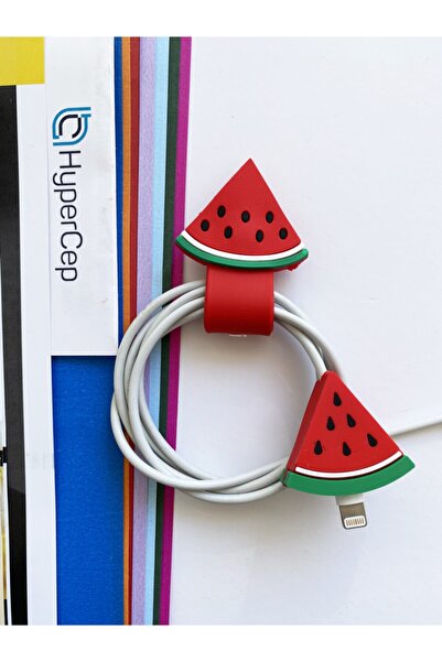 WANNA PROTECT Dayanıklı Figürlü Sevimli Şarj Kablo Düzenleyici Sarma Aparatı + Kablo Koruyucu Seti Karpuz
