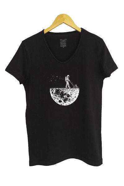 Raf Coll Tricou negru unisex cu decolteu în V imprimat