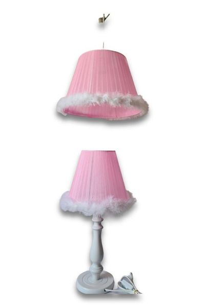 TEKAY AYDINLATMA Girl's Room Chandelier Lampshade Set with White Feather and White Wooden Legs and Pink Headboard