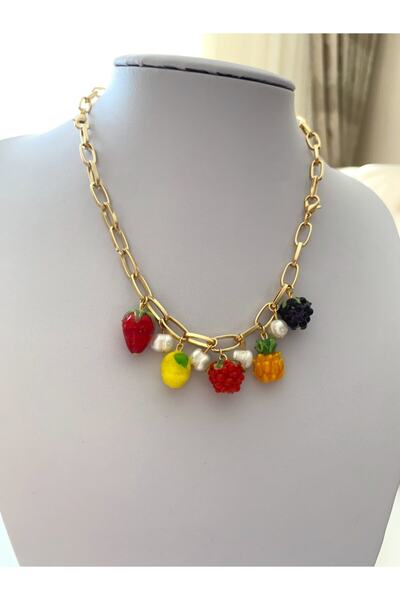 Neta Kadın Karışık Murano Meyveli Altın Kaplama Kolyeye Dönüşen Bileklik