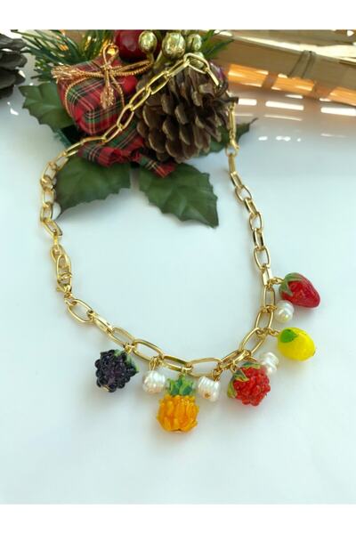 Neta Kadın Karışık Murano Meyveli Altın Kaplama Kolyeye Dönüşen Bileklik