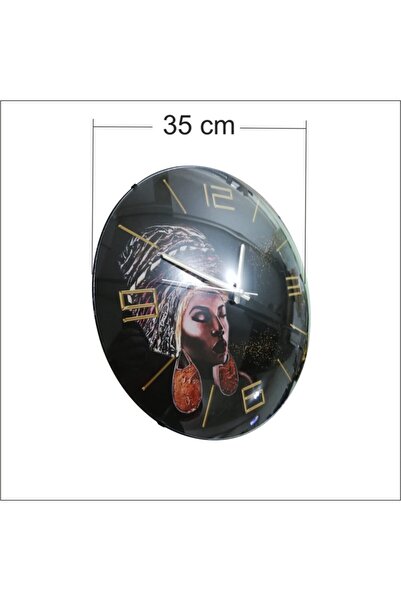 M3DECORİUM Esmer Küpeli Sarıklı Kadın Kız Başı Resimli 35 cm Bombe Camlı Salon Ev Ofis Okul Duvar Saati