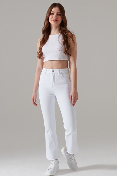 fehika بنطال جينز نسائي أبيض بدون ملابس داخلية نصف ساق واسعة ومهدب من قطن ليكرا