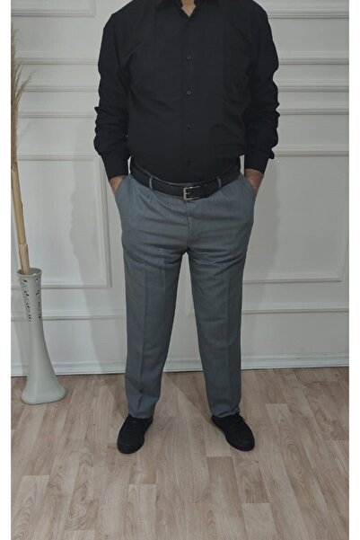 nacar çarşı Erkek Gri Klasik Kesim Pileli Kumaş Pantolon