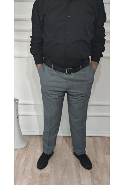 nacar çarşı Erkek Gri Klasik Kesim Pileli Kumaş Pantolon